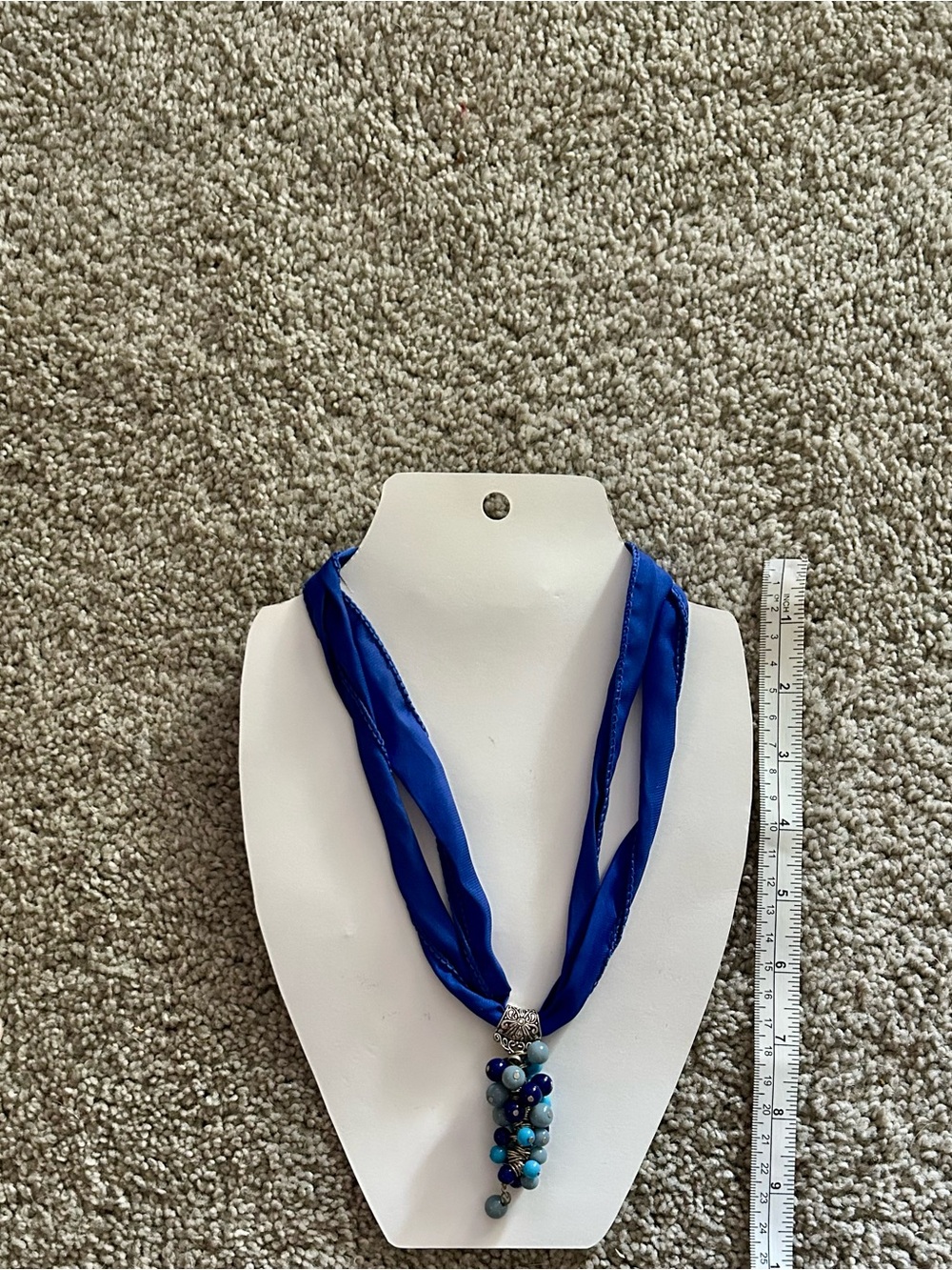 Blue Beaded Pendant Necklace with Satin Ribbon